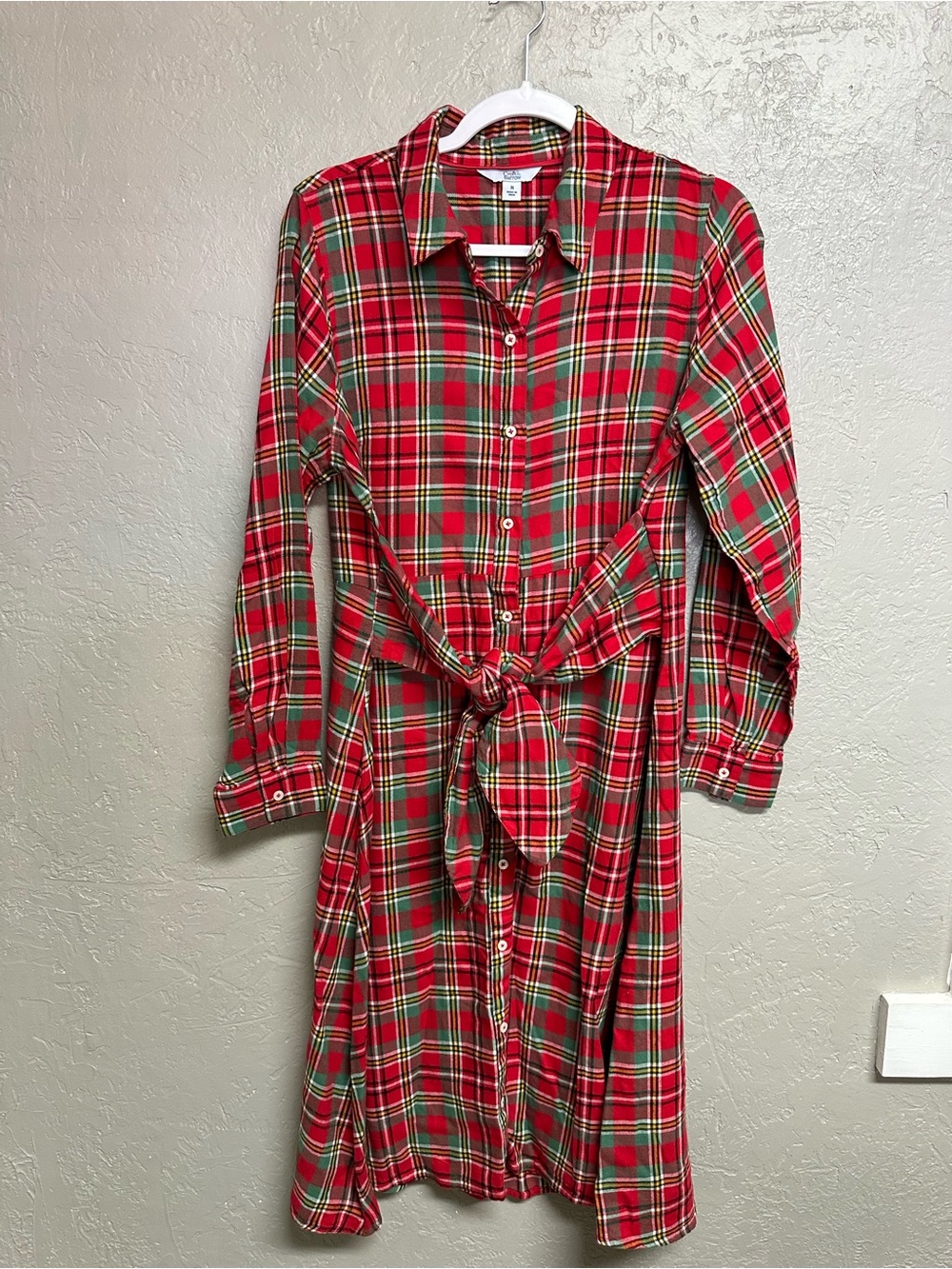 croft & barrow Red‎ and Green Plaid Long-Sleeve Shirt Dress with Tie